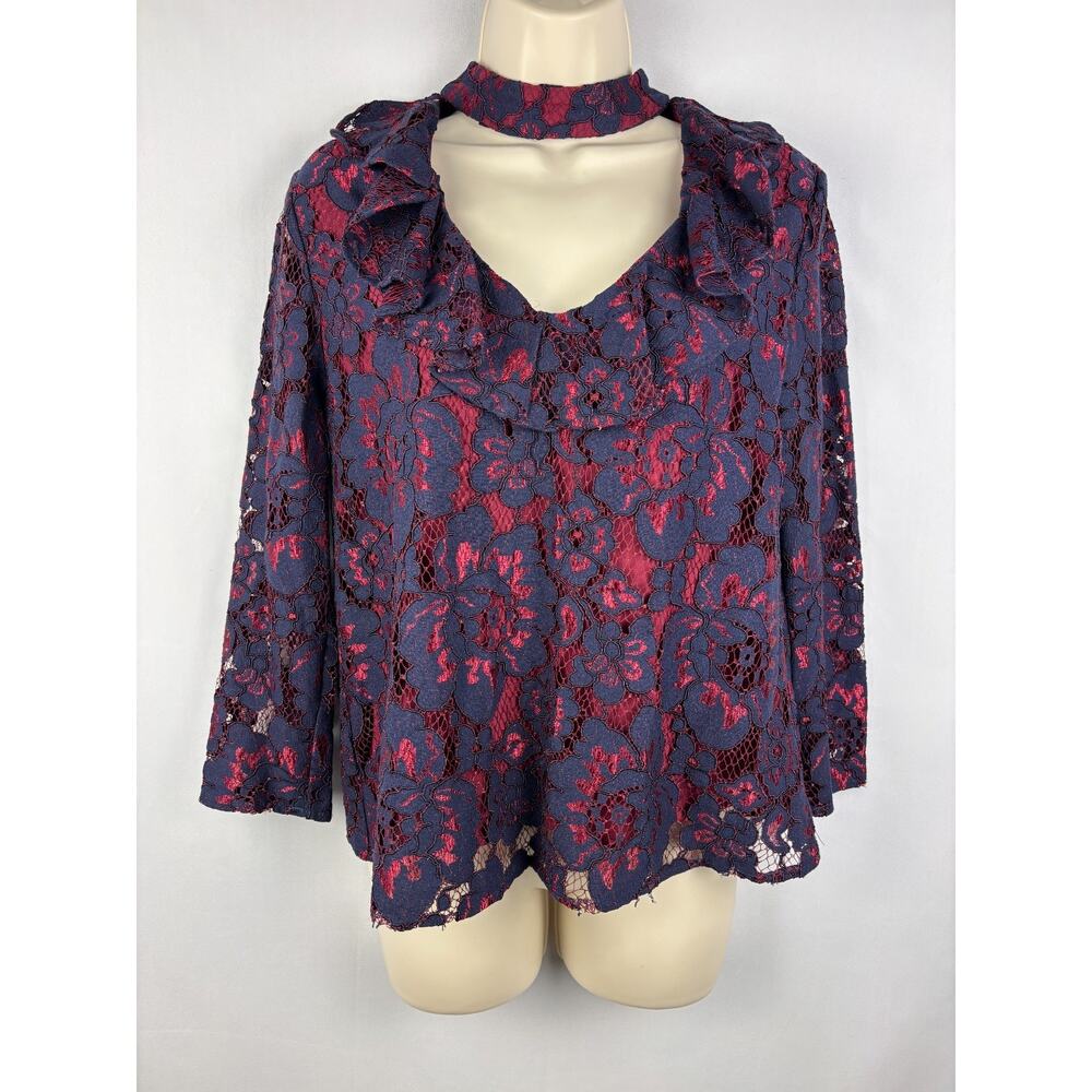 WAYF Floral Lace Choker Blouse | Women’s Small | Navy & Wine | NWT